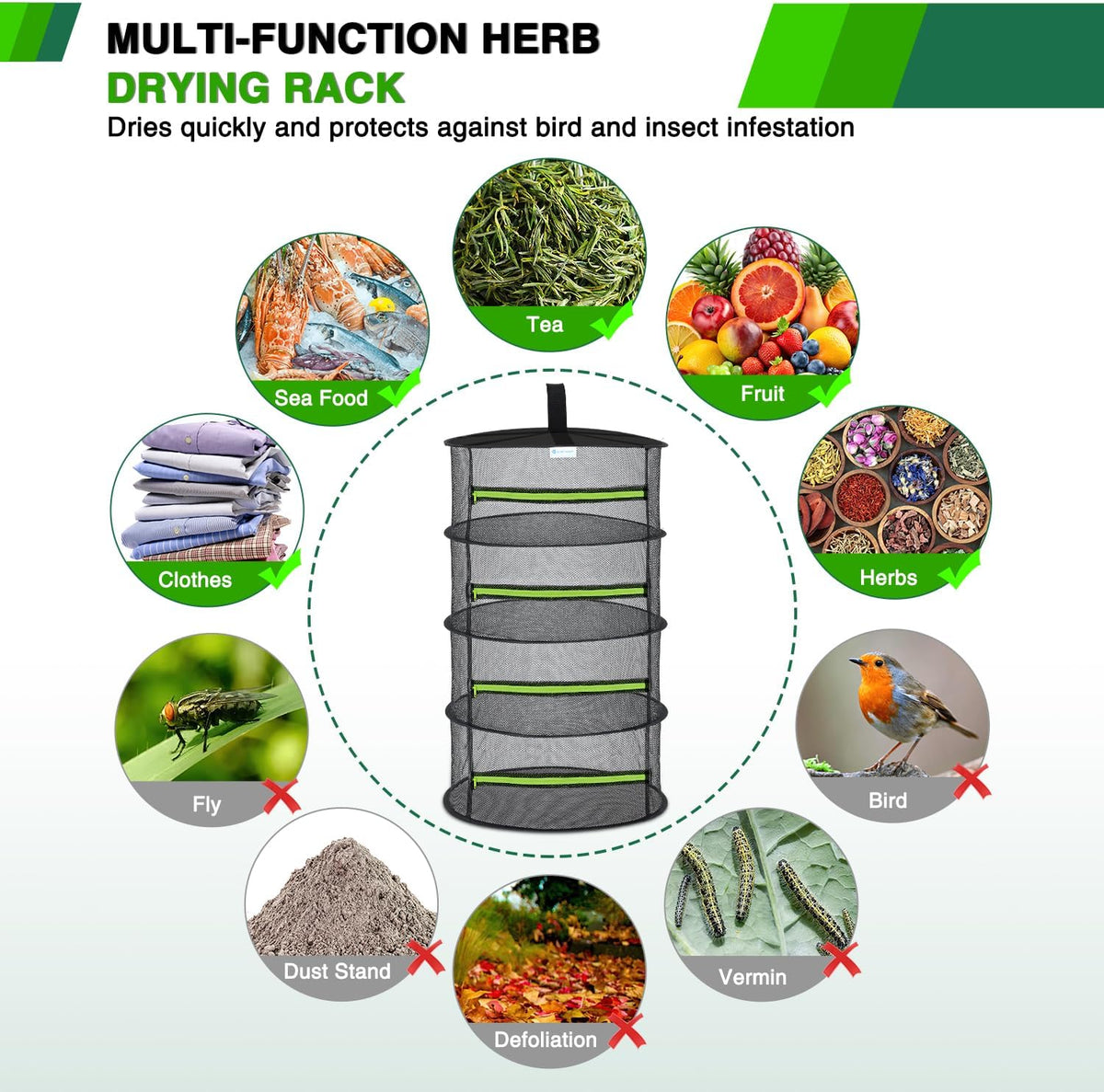 Yesker 4 Layer Herb Drying Rack Hanging Mesh Net Foldable Plant Drying Racks 24" w Green Zipper Pruning Shears Hook Dryer Hanging Rack for Herbs Seed Bud Fruit Clothes Grow Tent Closets Garden Outdoor