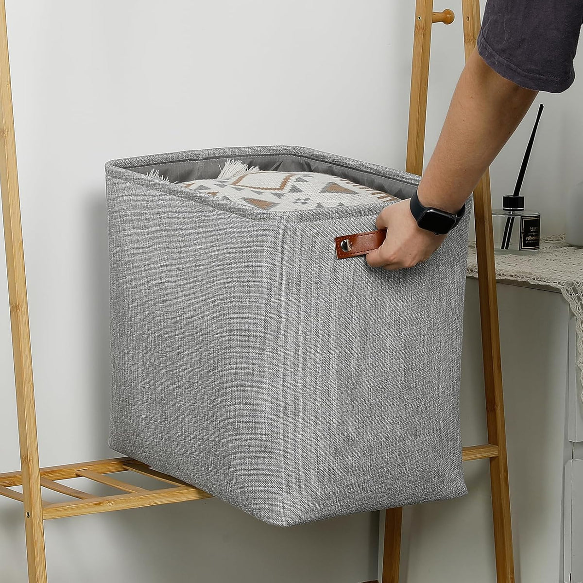 DULLEMELO Large Storage Baskets for Blankets Living Room 51L Canvas Storage Baskets for Organizing 3 Pack Collapsible Baskets Bins for Organizing Home Office with Handles (Grey)