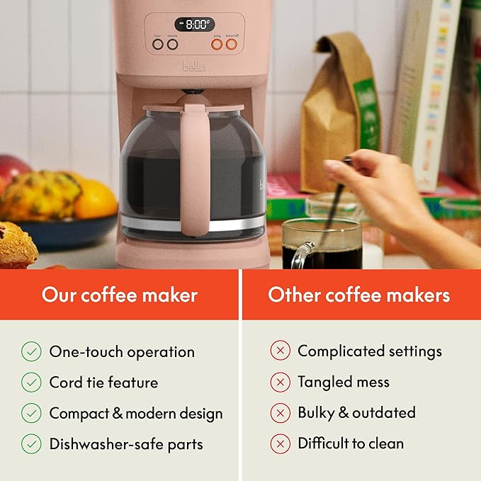 bella 12 Cup Programmable Coffee Marker, Reusable Dishwasher Safe Accessories, Easy LCD diaply, Auto Shutoff, 900 watt, Blossom