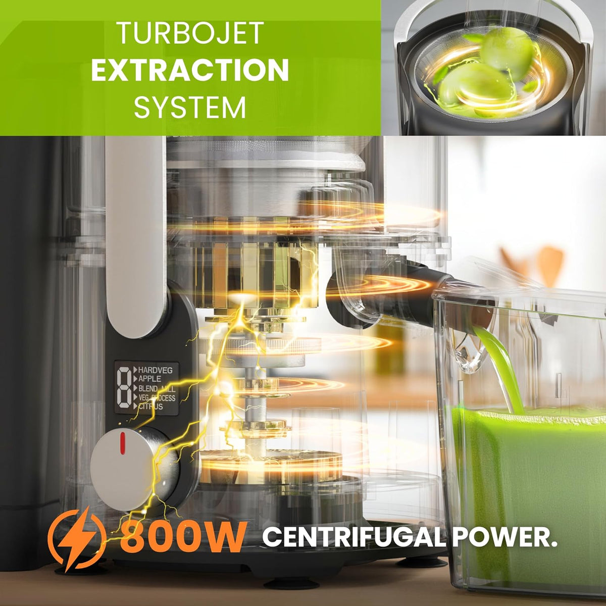 Eurolux 800W Premium Centrifugal Juicer for Whole Fruits and Vegetables – TurboJet Extraction System – 5-Speed Dial with Digital Display – Wide 3” Feed Chute – Easy to Clean – BPA-Free- Stainles Steel