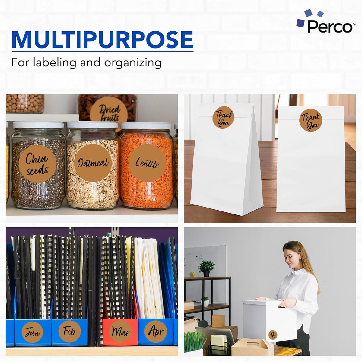 Perco Kraft Brown 3-Inch Round Circle Dot Sticker Labels - Multi-Roll Pack (3 Rolls, 500 Labels Each) - Permanent Adhesive, Natural, Cardboard-Like Surface - Perforated for Easy Use - Made in USA