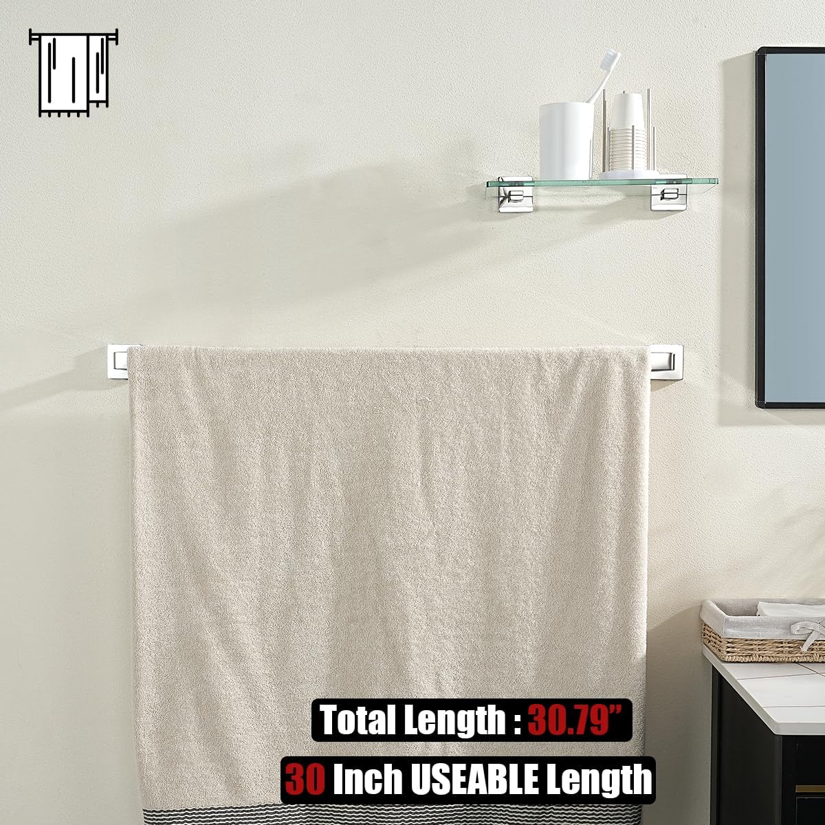 JQK Polished Towel Bar, Rounded Edges 32.41 Inch Towel Rack, 304 Stainless Steel Bathroom Wall Mount, Useable Length 30 Inch, TB250L30-CH