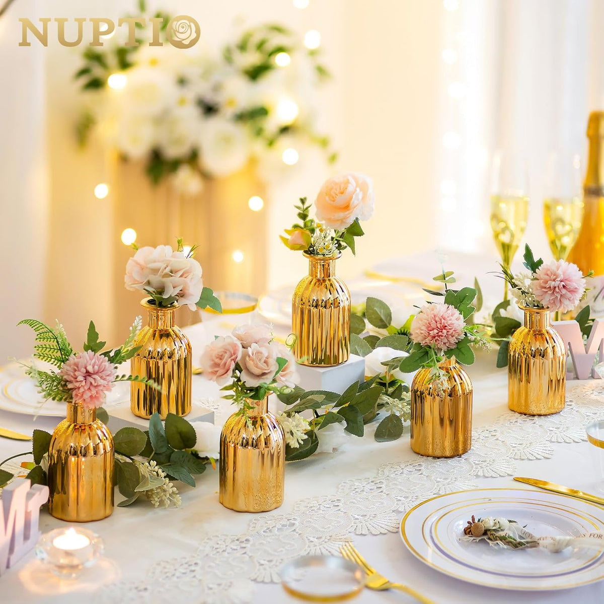 NUPTIO Bud Vases Glass Gold: 6 Pcs Small Vase Set in Bulk for Flowers - Mini Vintage Flower Bottle Single Assorted Vases for Wedding Table Centerpieces