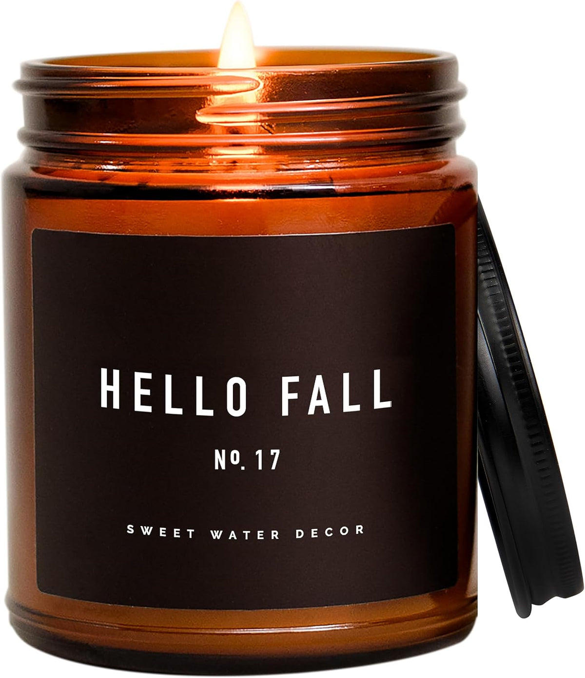 Sweet Water Decor Hello Fall Candle - Cinnamon Apples Cloves & Nutmeg Fall Scented Candle for Home Decor - 100% Cotton Wick Soy Wax Candles with 40 Hour Burn Time - Made in The USA - 9oz Amber Jar