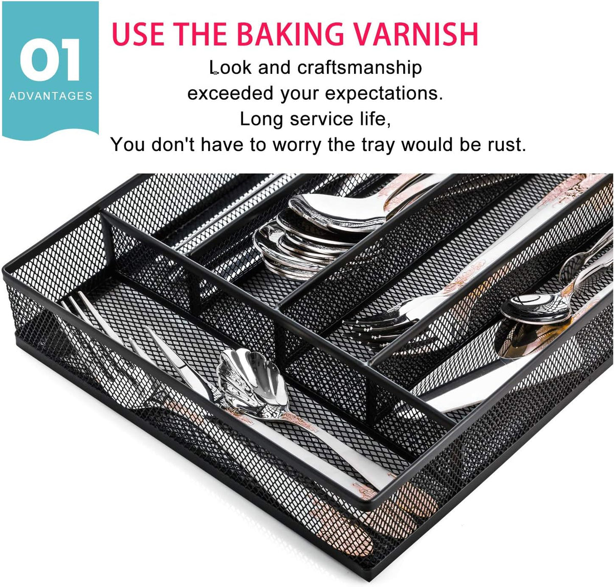 JANE EYRE Utensil Drawer Organizer, Cutlery Tray Silverware Flatware Storage Divider for Kitchen, Mesh Wire with Non-slip Foam Feet, 5 Component, Black