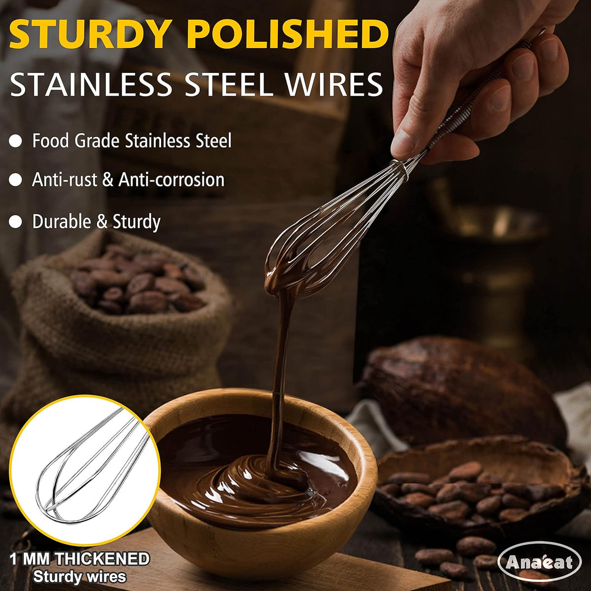 Anaeat Mini Wire Whisks, Set of 4 Portable Stainless Steel Kitchen Tiny Whisk & Egg Beater with Thick Wire - Sturdy Small Mixing Balloon for Cooking, Blending, Whiping, Beating and Stirring (5" + 7")