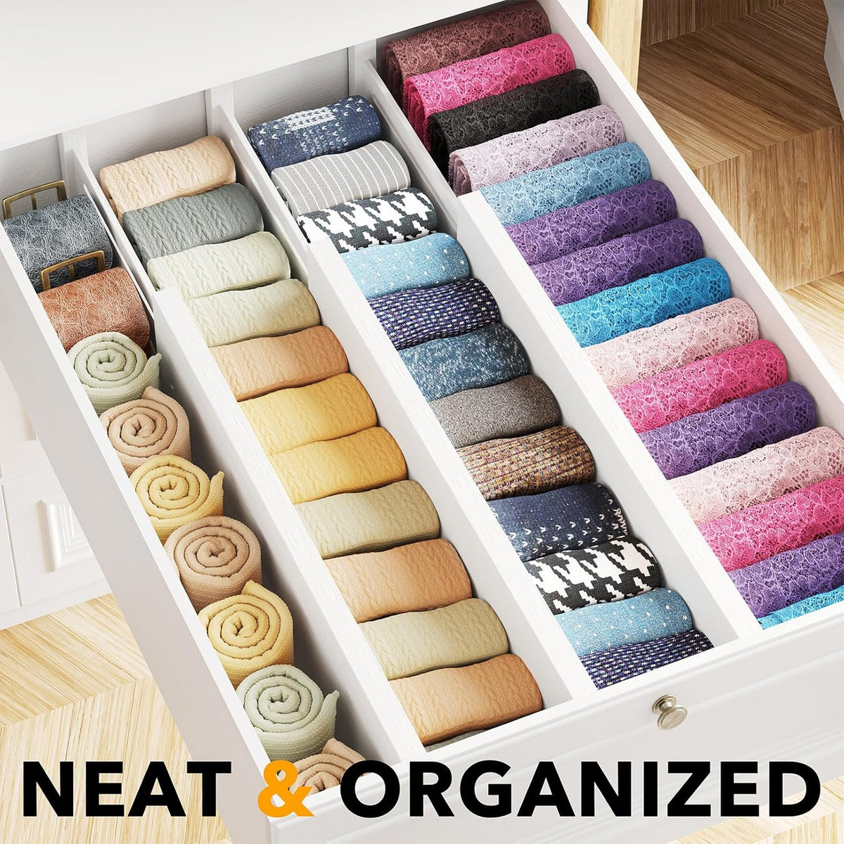 SpaceAid Bamboo Dresser Drawer Dividers 6 Pack, 4.65“ High Adjustable 17“-22” Drawer Organizers, Expandable Organization for Clothing, Clothes, Dressers, White