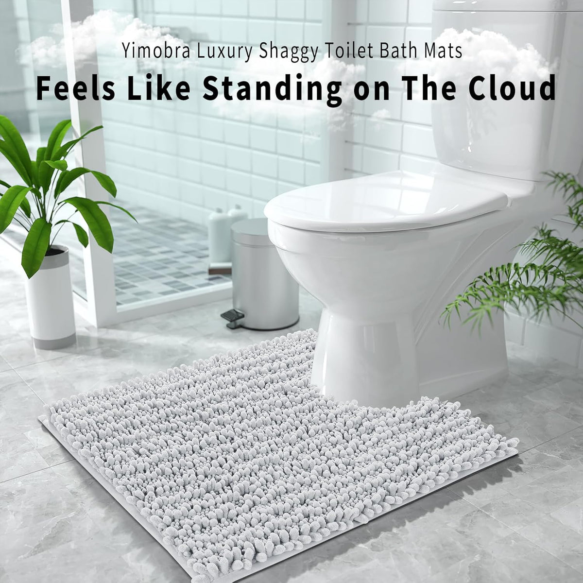Yimobra Toilet Rug U Shaped Washable 24x20 Inch - Ultra Soft Absorbent Chenille Bath Rugs for Toilet, Quick Dry & Machine Washable, Non Slip Contour Bathroom Mat, Silver