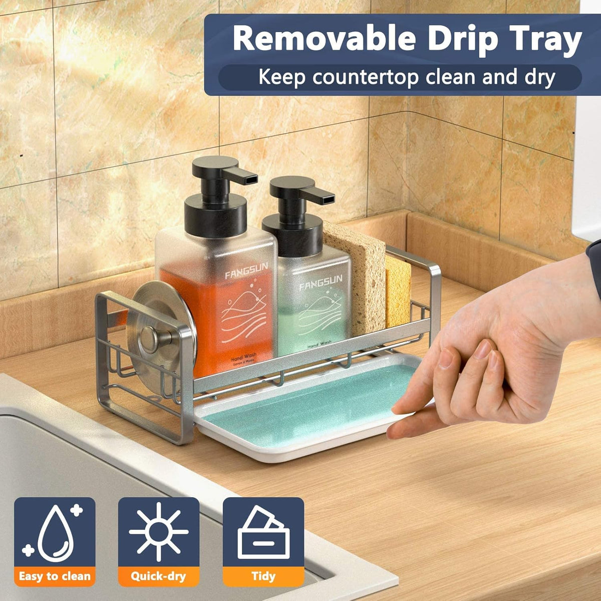 FANGSUN Large Sponge Holder for Kitchen Sink, 304 Stainless Steel Sink Caddy Organizer with Removable Drip Tray, Kitchen Countertop Dish Soap Holder, Not Include Soap Dispenser, Grey