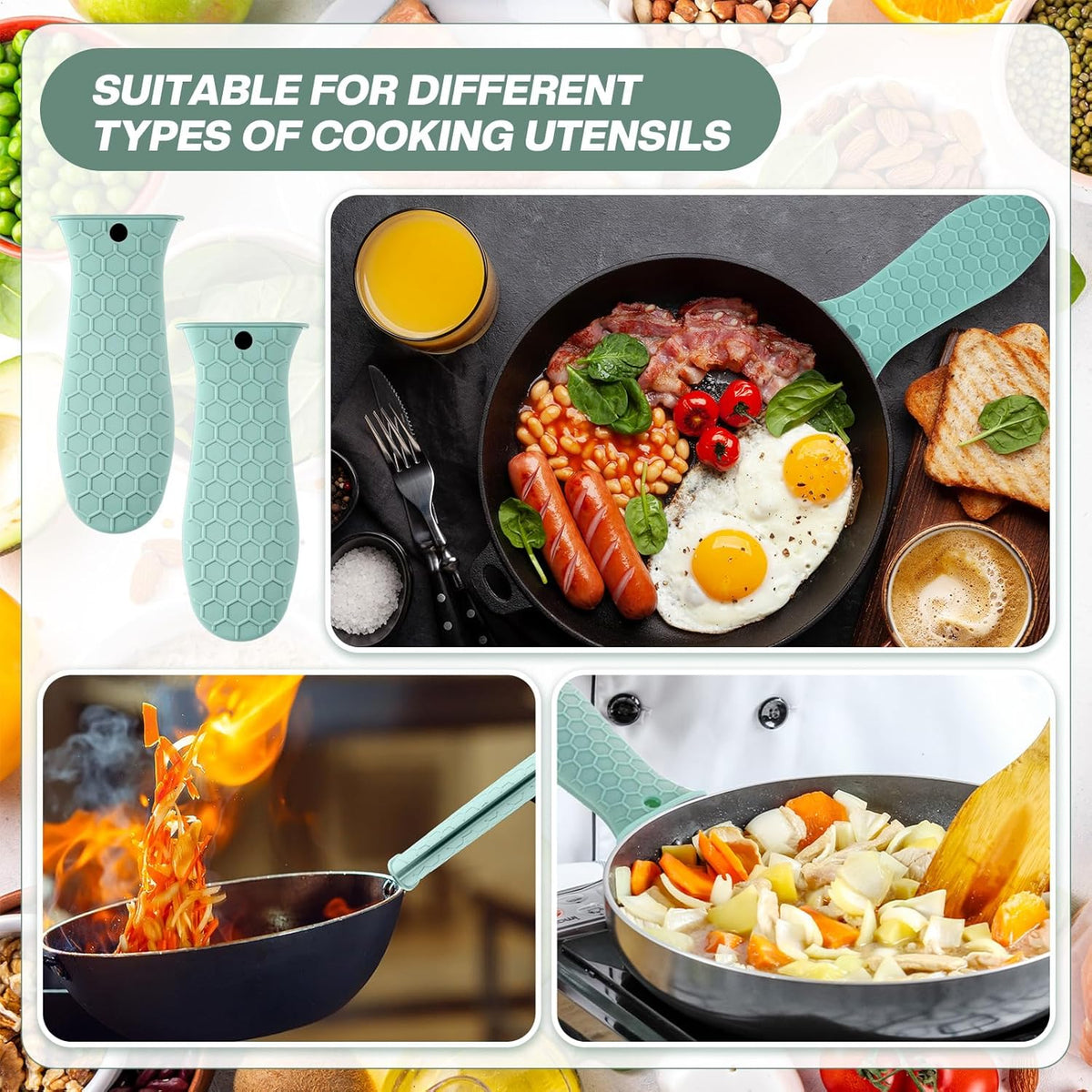 Patelai 2pcs Silicone Handle Cover for Cast Iron Skillet Kitchen Silicone Handles for Pots and Pans Non-Slip Pot Holder Sleeve for Fry Pan Griddles Metal Aluminum Cookware(Bright Green)