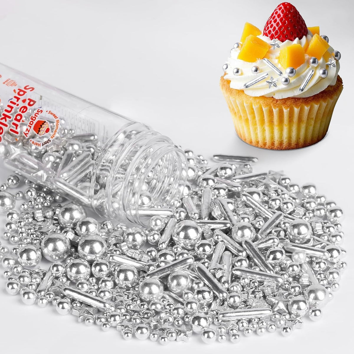 Silver Pearl Sugar Sprinkles,Edible Stars Rods Candy,Mix Size 130g/4.58oz,Baking Cake Decorations,Cupcake Toppers,Cookie Decorating Donuts Ice Cream,Birthday Wedding Party Valentines Christmas Supplies