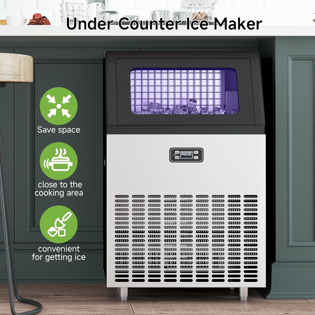 Real Relax Commercial Ice Machine, 270LBS/24H ETL Approval Under Counter Ice Maker Machine, 48LBS Ice Storage Capacity, Auto Self-Cleaning, LCD Display, with Ice Scoop for Party Bars