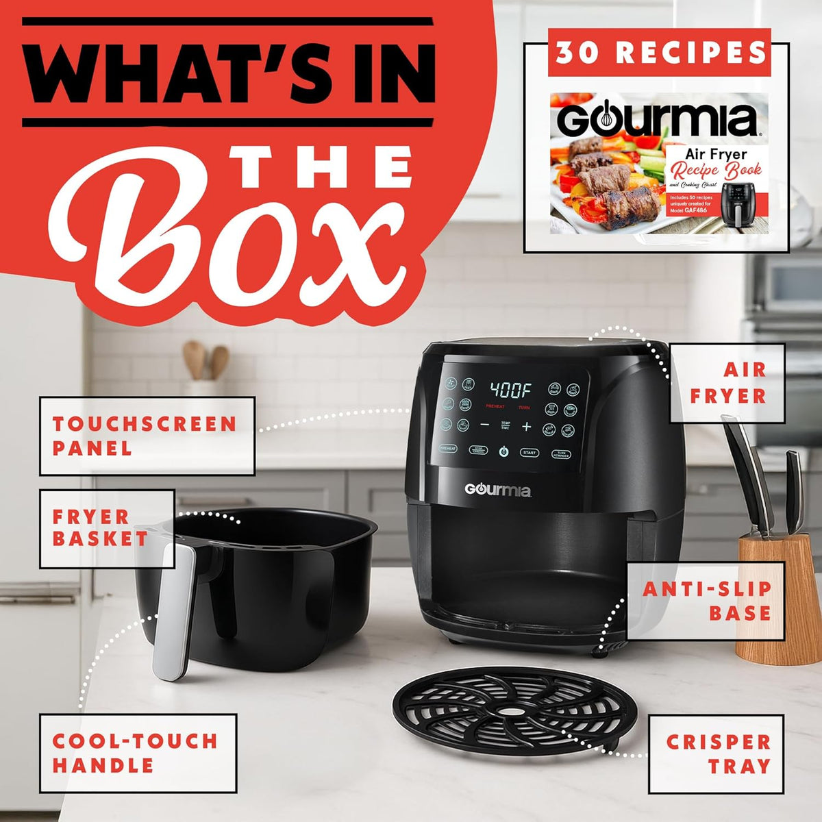 Gourmia Air Fryer 6 QT Digital – Guided Cooking with 12 One‑Touch Presets, FryForce 360 Large XL Basket, Touchscreen, Dishwasher‑Safe Accessories, Healthy No‑Oil Cooking GAF686