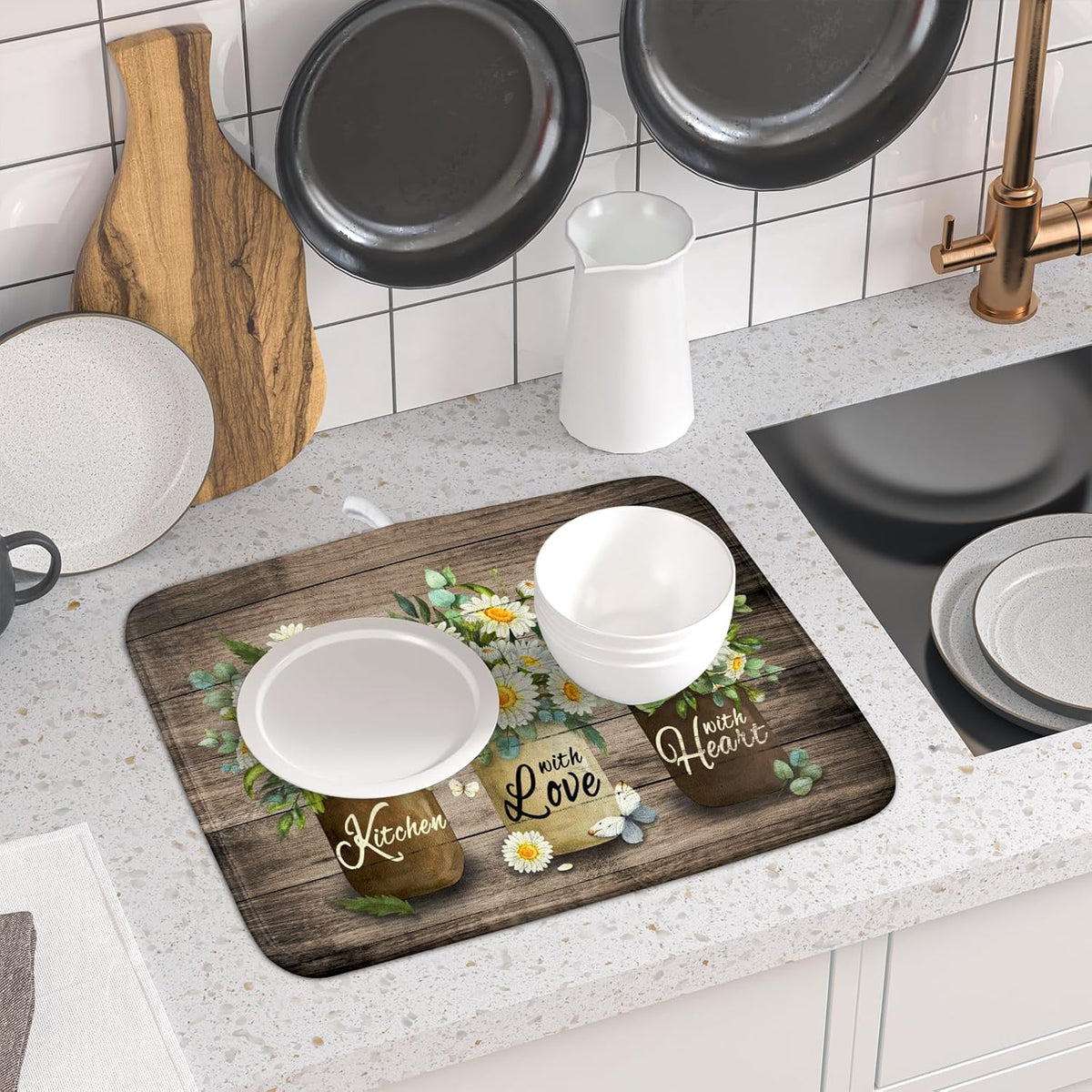 Flower Vase Dish Drying Mats 16x18 Inch Rustic Wood Reversible Microfiber Kitchen Countertop Protector Fast Dry Dish Drainer Rack Pad