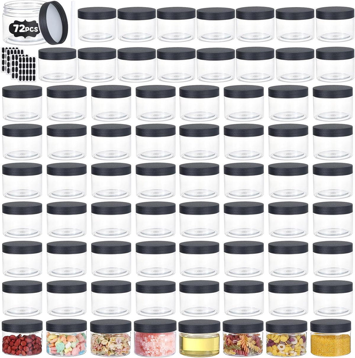 72pcs 4 oz Plastic Containers with Lids Labels Leak Proof BPA Free Airtight Refillable Clear Small Containers Storage Jars for Storing Dry Food Slime Honey Jam,black