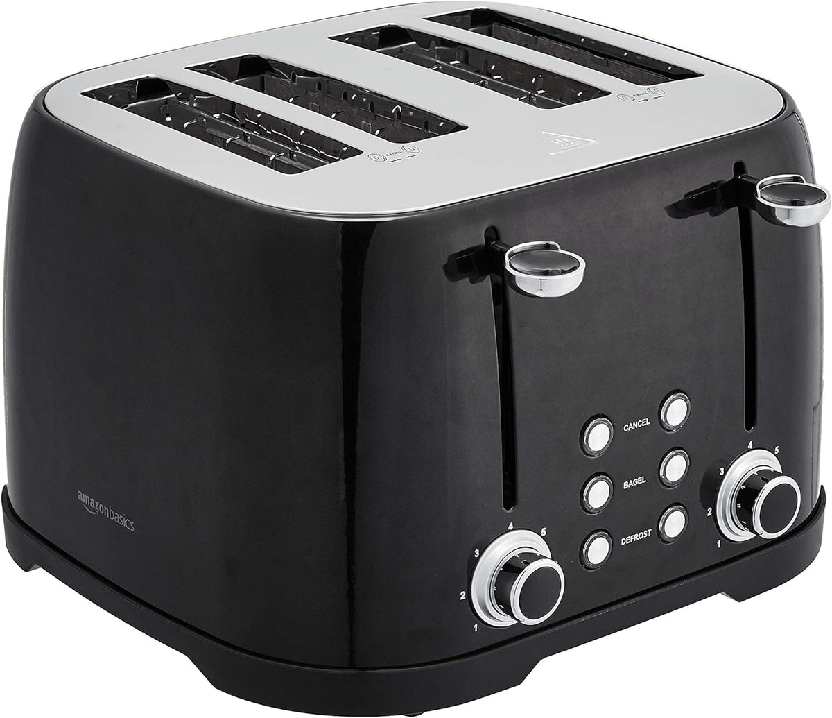 Amazon Basics 4 Slice Toaster, 6 Browning Settings, Removable Crumb Tray, Bagel and Defrost Function, Cancel Button, 1600W, Black