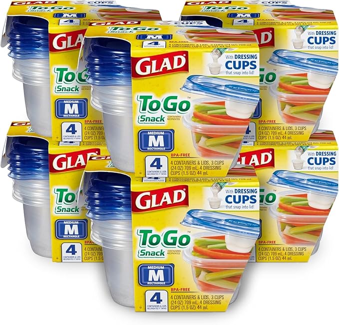 Glad GladWare To Go Lunch Food Storage Containers with Lids, Medium Round BPA Free Plastic with Built-In Dressing Cup for Salads and Lunches, Microwave Dishwasher Safe, 32 Oz, 4 Count - 6 Pack