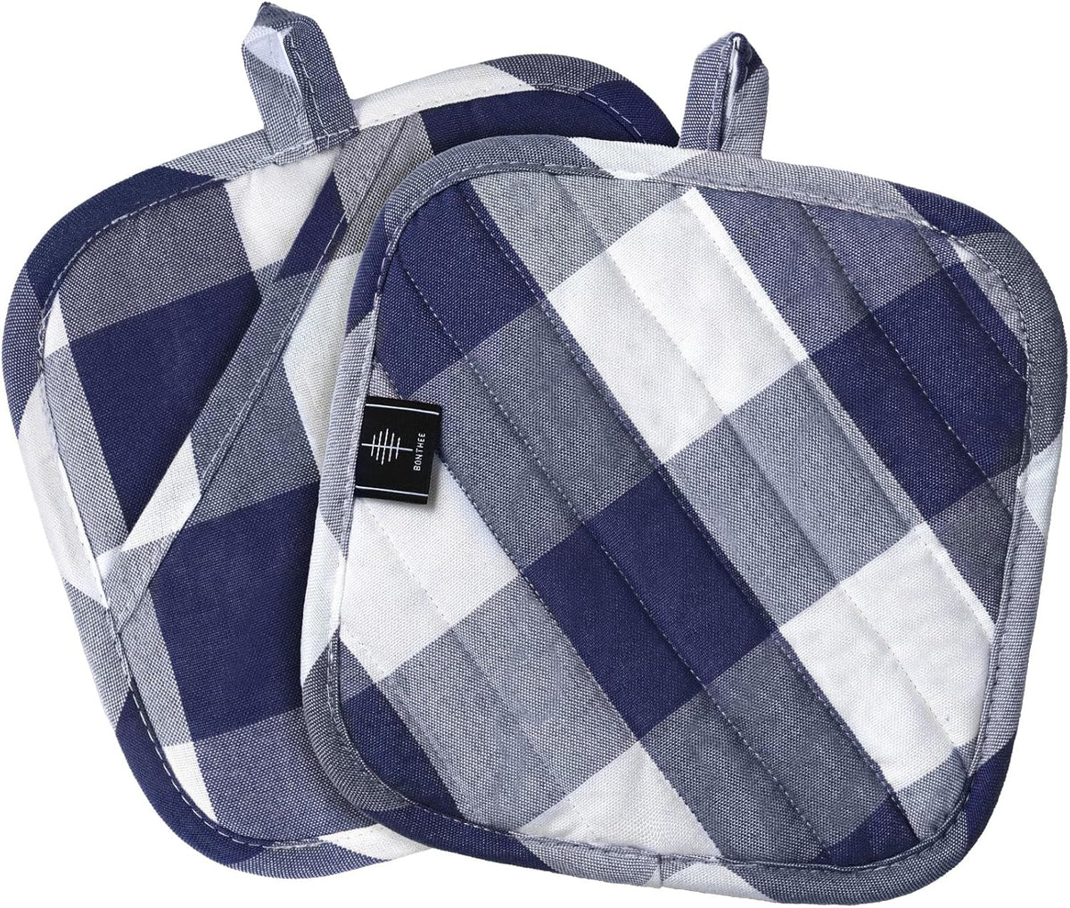 Cotton Pot Holders for Kitchen Heat Resistant Potholder, Hot Pads, Trivet Coaster Non-Slip Potholders Set for Cooking and Baking (2, Blue Plaid, Square，8.27 in²)