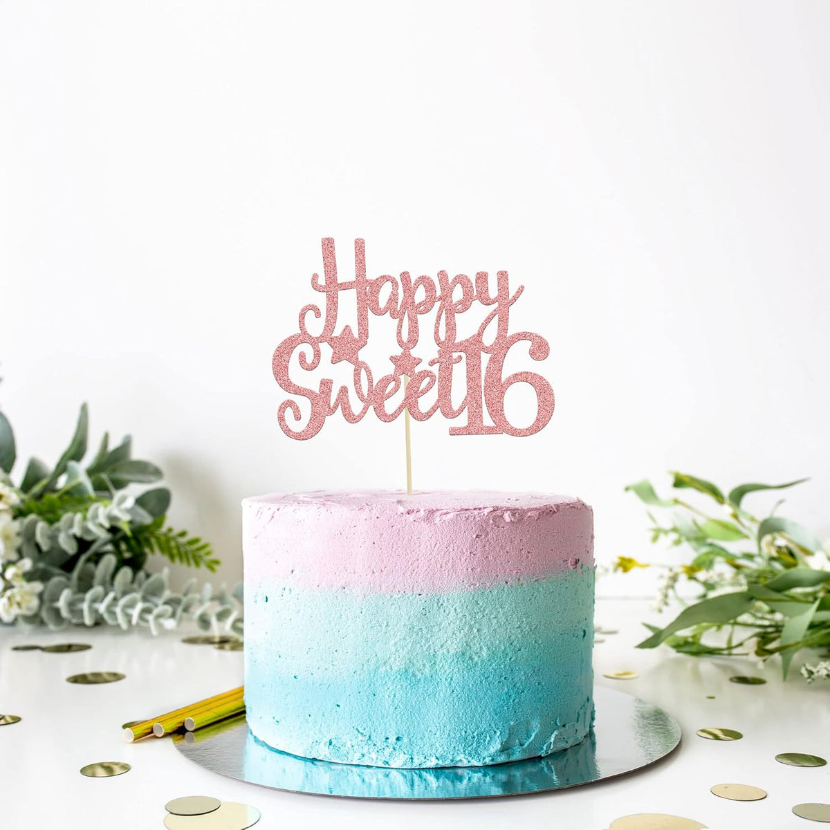 Gyufise 1Pc Happy Sweet 16 Cake Topper Rose Gold Glitter Sweet 16 Birthday Decorations Happy 16th Birthday Decorations for Girls Boys