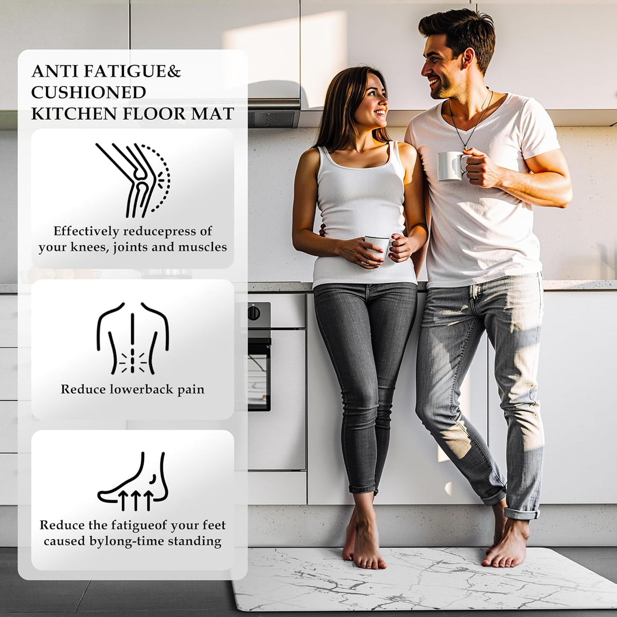 Silver Foil Stamped Marble Kitchen Mats for Floor 2PCS Cushioned Anti Fatigue Non Slip Waterproof Comfort Leather Kitchen Rugs 2/5 Inch PVC Kitchen Mats for Sink, Laundry, 17.3"x28"+17.3"x59",White