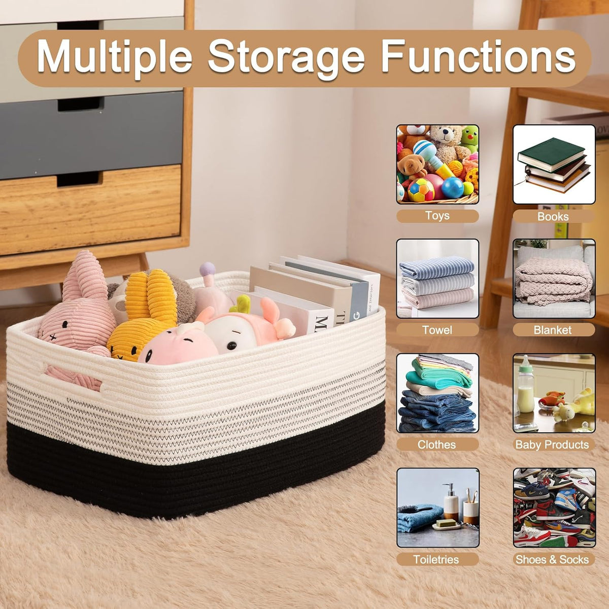 Large Storage Basket for Organizing, Woven Rope Basket for Shelves, Closet Organizer Bins for Clothes, Blanket, Toys, Baby Nursery Storage, 17.7" x 13" x 7.87", 2 Packs Gradient Black