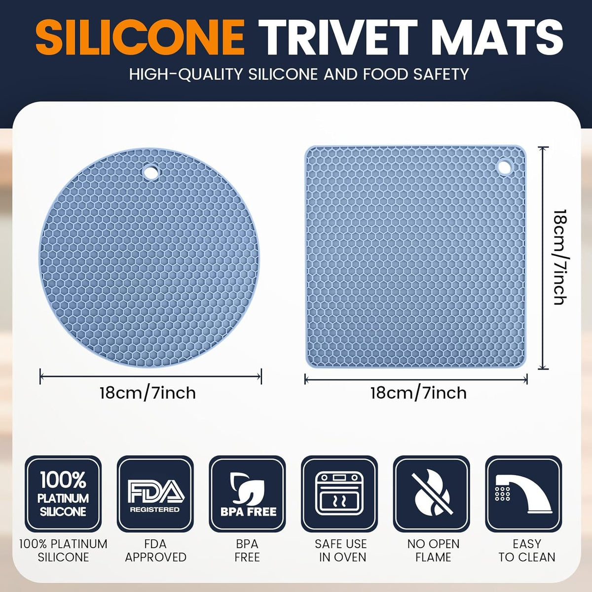 Silicone Trivet Mats 4 Heat Resistant Pot Holders Multipurpose Non-Slip Hot Pads for Kitchen Potholders, Drying mat, Jar Opener, Spoon Holder, Coaster(Nordic Blue)
