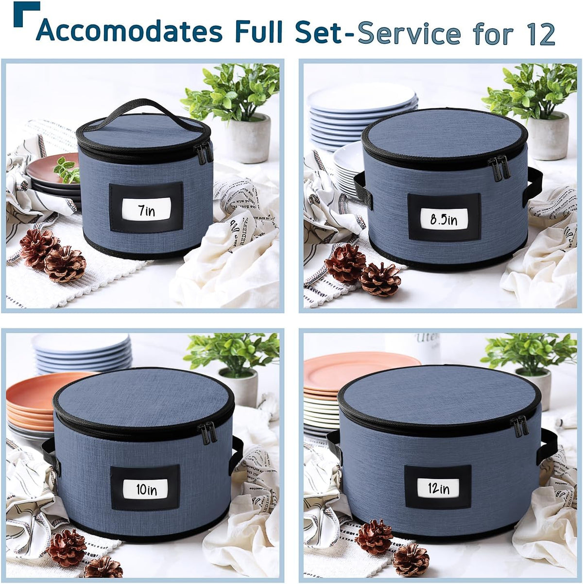 Fine China Storage Containers, 5 Piece Quilted Dish Storage Containers, Mug, Cup, and Plate Dish Organizer with Felt Dividers, Service of 12 Dinnerware Boxes for Moving, Seasonal Organization, Blue