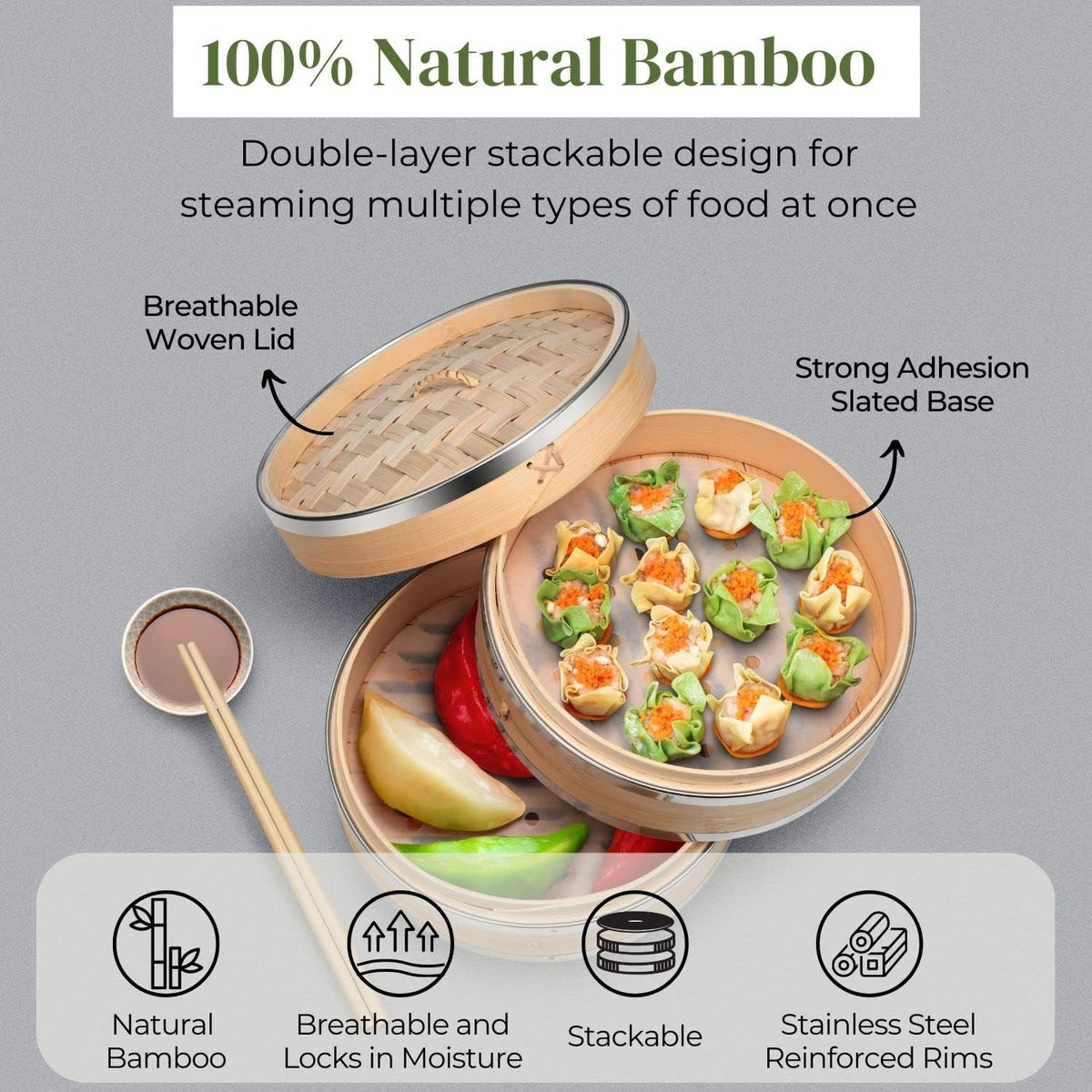 Flexzion Bamboo Steamer Basket Set (8 inch) with Stainless Steel Banding, 50 x Steamer Liners and 2 Pairs of Chopsticks, Steam Baskets for DimSum Dumplings, Rice, Vegetables, Fish and Meat
