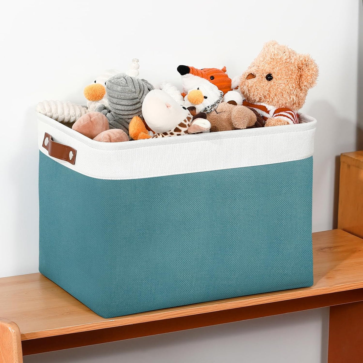 DULLEMELO Large Storage Basket, Collapsible Storage Bins Decorative Storage Baskets for Home Shelves Bedroom, Linen Fabric Basket with Leather Handles for Toys Books Organizing(White&Teal