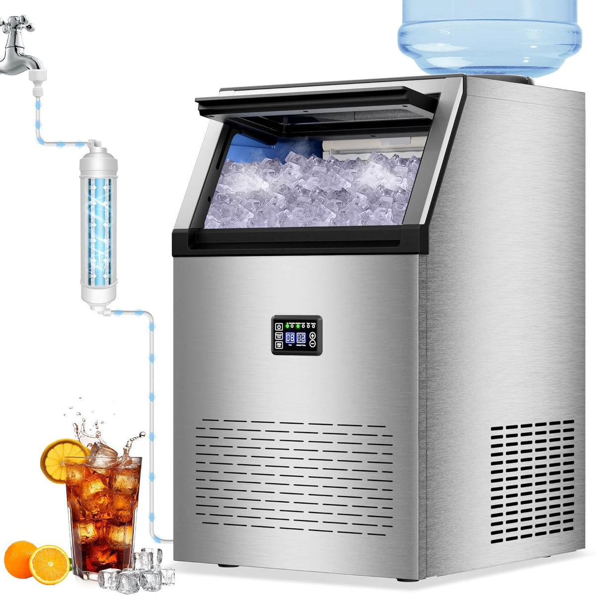 Commercial Ice Maker Machine 200lbs/24H with 34lbs Storage, Stainless Steel Undercounter/Freestanding Ice Machine 2 Water Inlet Modes 55Ice/Cycle, Self-Cleaning for Homes Restaurants Bars