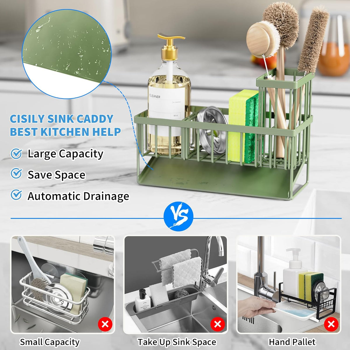 Cisily Kitchen Sink Caddy - Sponge Holder and Organizer with High Brush Holder, 304 Stainless Steel, Sage Green