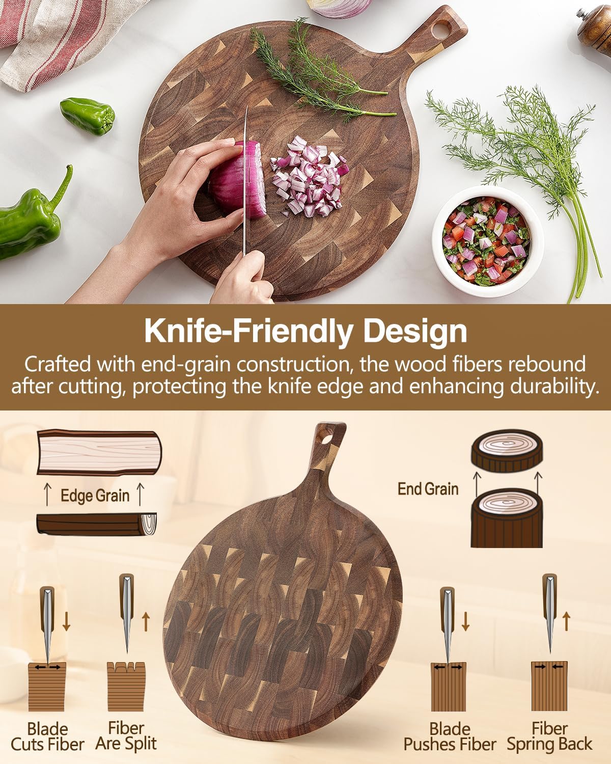 XINZUO Acacia Wood End-Grain Round Cutting Board with Handle for Kitchen Bread Pizza Cheese Fruit Charcuterie Serving Cutting Board, Two-sided Use, 16.7 x 12.5 x 0.75 inches