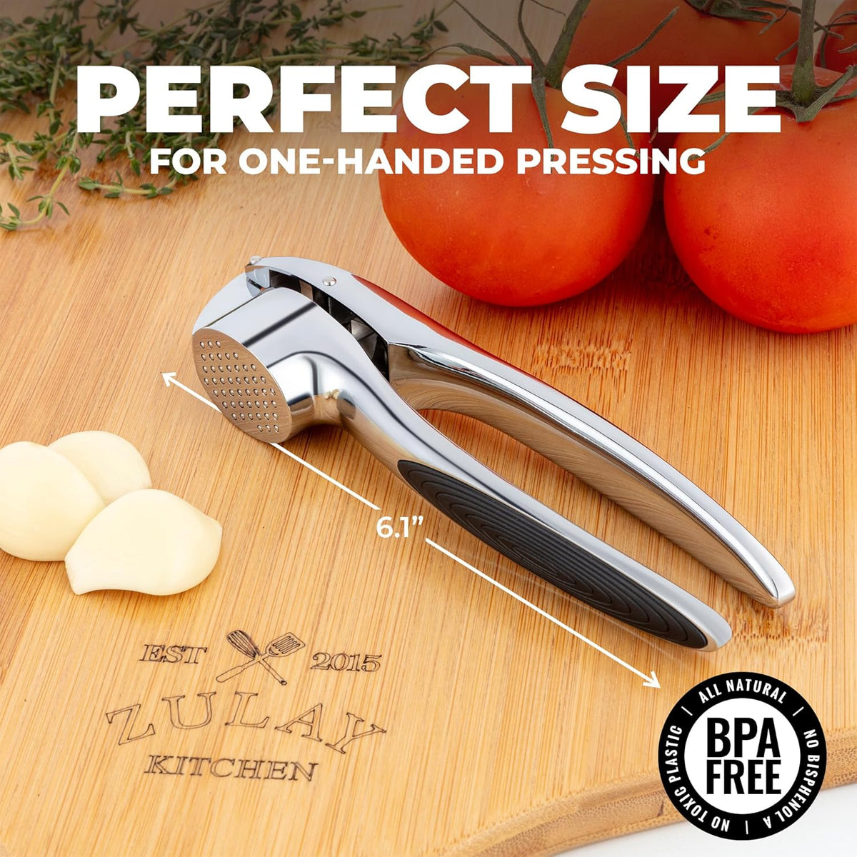Zulay Kitchen Premium Garlic Press Set – Rust Proof & Dishwasher Safe Garlic Mincer Tool with Silicone Garlic Peeler & Brush, Easy Squeeze & Clean, Ergonomic Soft Grip Handle - Medium – Chrome