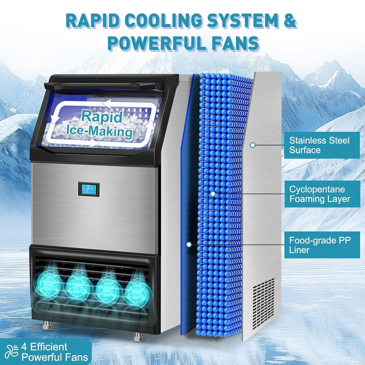Commercial Ice Maker Machine 550LBS/24H with 185LBS Large Ice Storage Bin, 162Pcs Clear Ice Cubes in 11Mins, Stainless Steel Under Counter Industrial Ice Machine for Bar, Restaurant Business