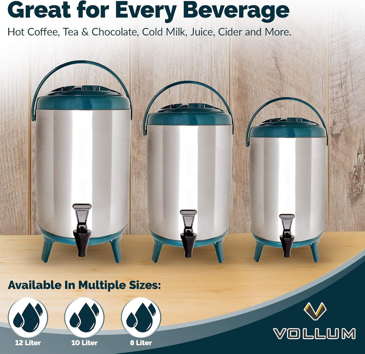 Stainless Steel Insulated Beverage Dispenser – Insulated Thermal Hot and Cold Coffee Carafe – 12 Liter Drink Dispenser with Spigot for Hot Water, Tea & Coffee, Cold Milk, Juice & More TEAL
