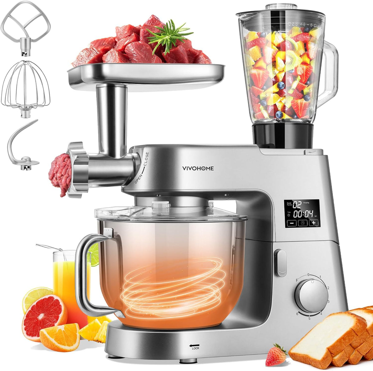 VIVOHOME 9 in 1 Multifunctional Stand Mixer with Fermentation, 6 Speed 7.5 Quart Kitchen Electric Food Mixer with Timer, Meat Grinder, Juice Blender, Vegetable Slicer, Pasta and Cookie Maker, Silver