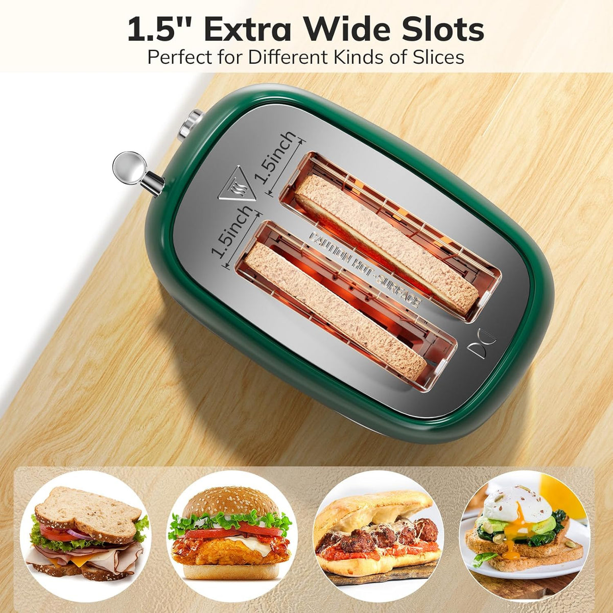 Toaster 2 Slice Stainless Steel with 6 Bread Shade Settings, Bagel, Cancel, Defrost Function, Retro 2 Slice Toaster with Extra Wide Slot, Removable Crumb Tray, dark green