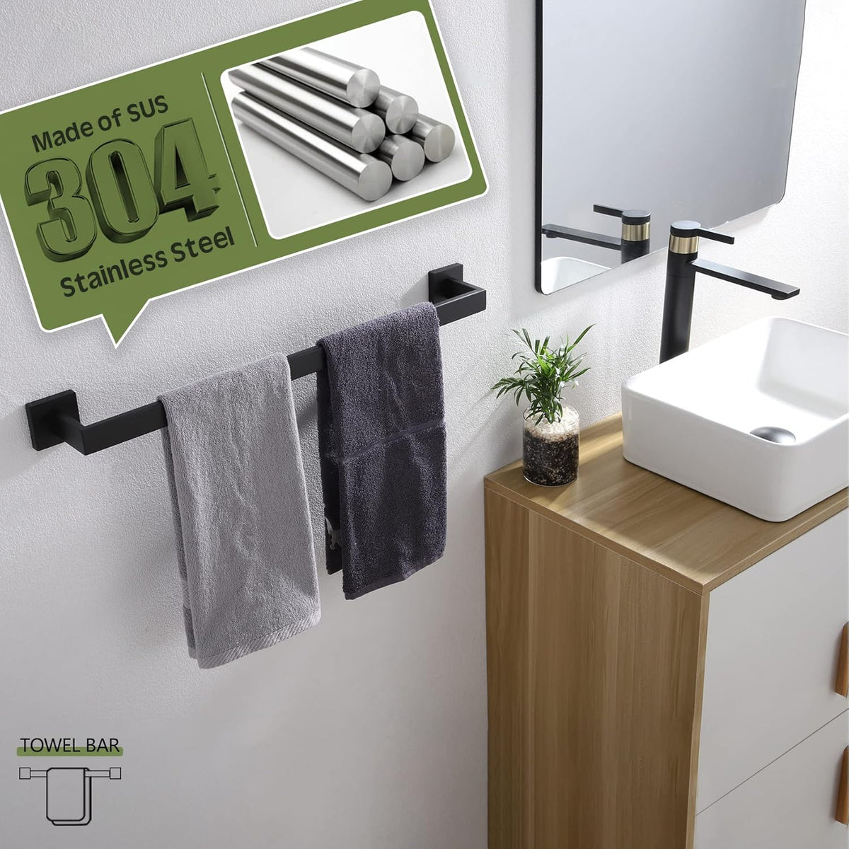 KOKOSIRI 20-Inch Single Towel Bar, Bathroom Kitchen Towel Holder, Wall Mounted SUS304 Stainless Steel Towel Rack, Matte Black, B4003BK-L20