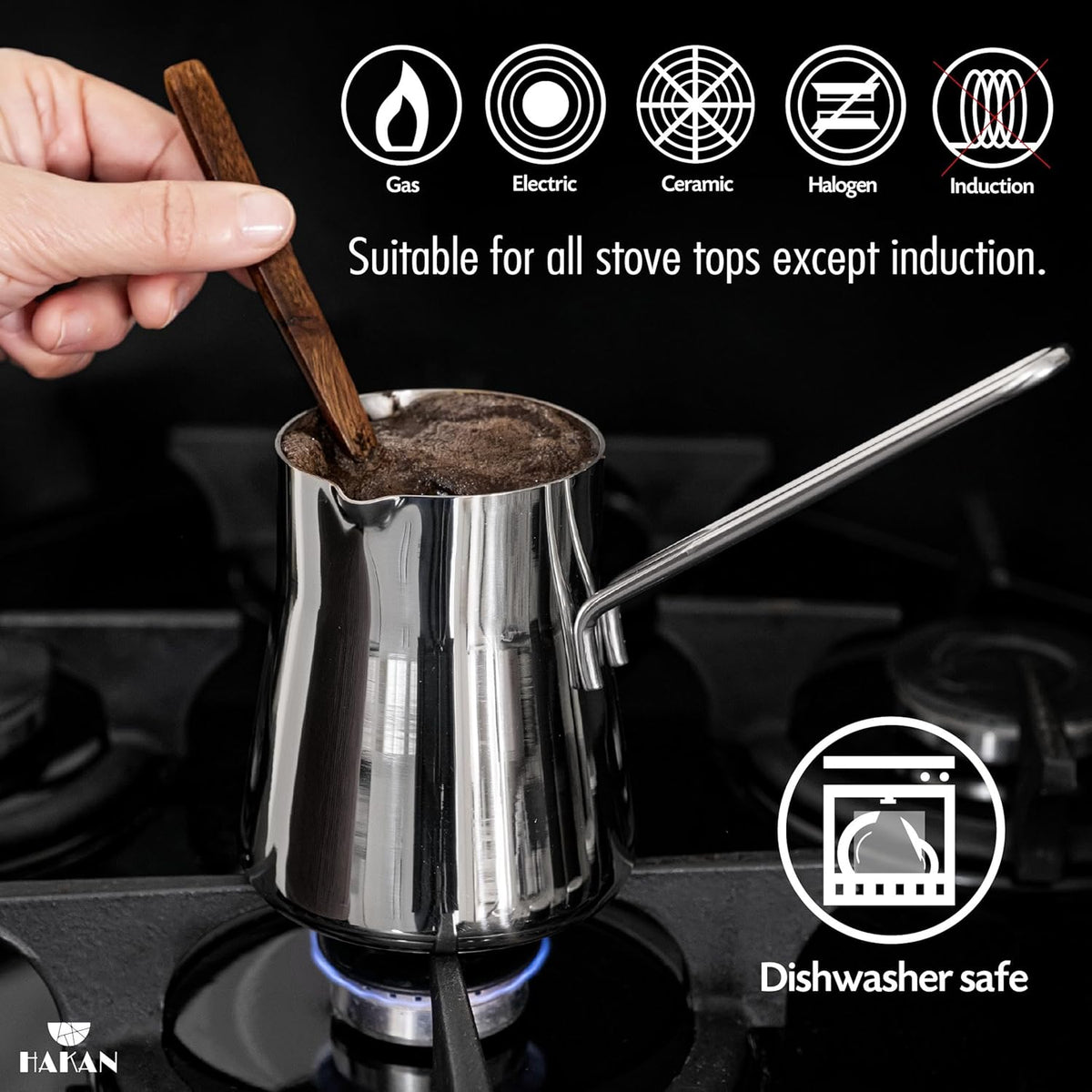 Hakan Topkapı Stainless Steel Turkish Coffee Pot, 16.9 Oz, 500 cc Midi Greek Arabic Coffee Maker with Spout, Stove Top Coffee Maker in Box, Milk Warmer with Handle, Chai Pot Cezve, Ibrik, Briki