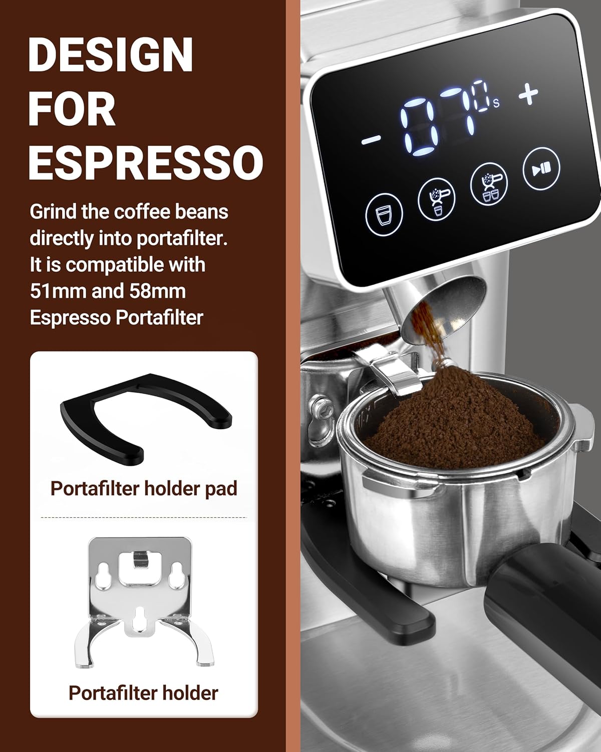 AMZCHEF Coffee Grinder, Coffee Bean Grinder for Home Use with Precise Grinding, LED Control Panel, Detachable Funnel Stand, Anti-static Design, 45 Grind Settings, Silver