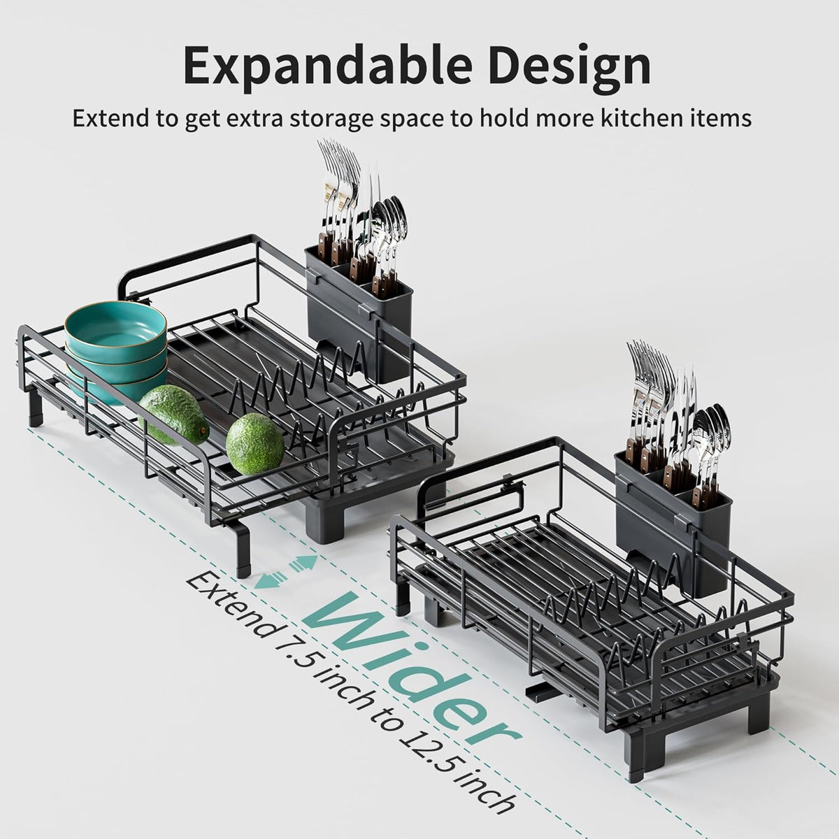 Small Dish Drying Rack - Extendable Dish Rack for Kitchen Counter, Rustproof Dish Drainers with Utensil Holder, Perfect for Apartments, RVs and Small Spaces,16.5" D x 7.5"-12.5" W x 6.5" H