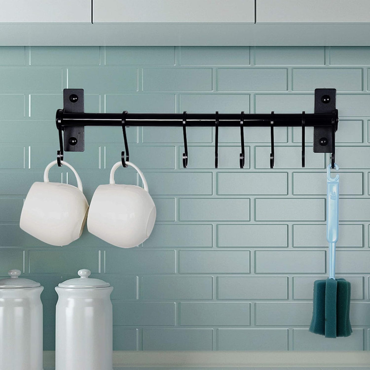 Dseap Kitchen Utensil Holder Hanger, Pot and Pan Rack Wall Mounted, Kitchen Rail with 8 Hooks for Hanging Cooking Utensils, Mugs, Spoons, Wall Mounted, Black