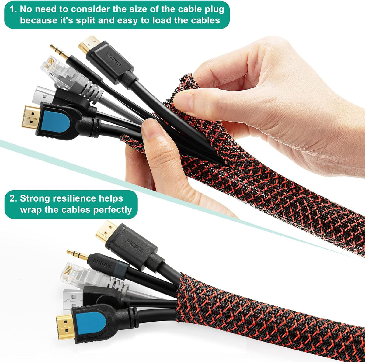 ZhiYo 6.6ft - 4/5 inch Cable Sleeve, Cord Wrap Wire Protector Tubing for Pets, PC Cable Wrap, Computer Cable Management Sleeve - Black - Red