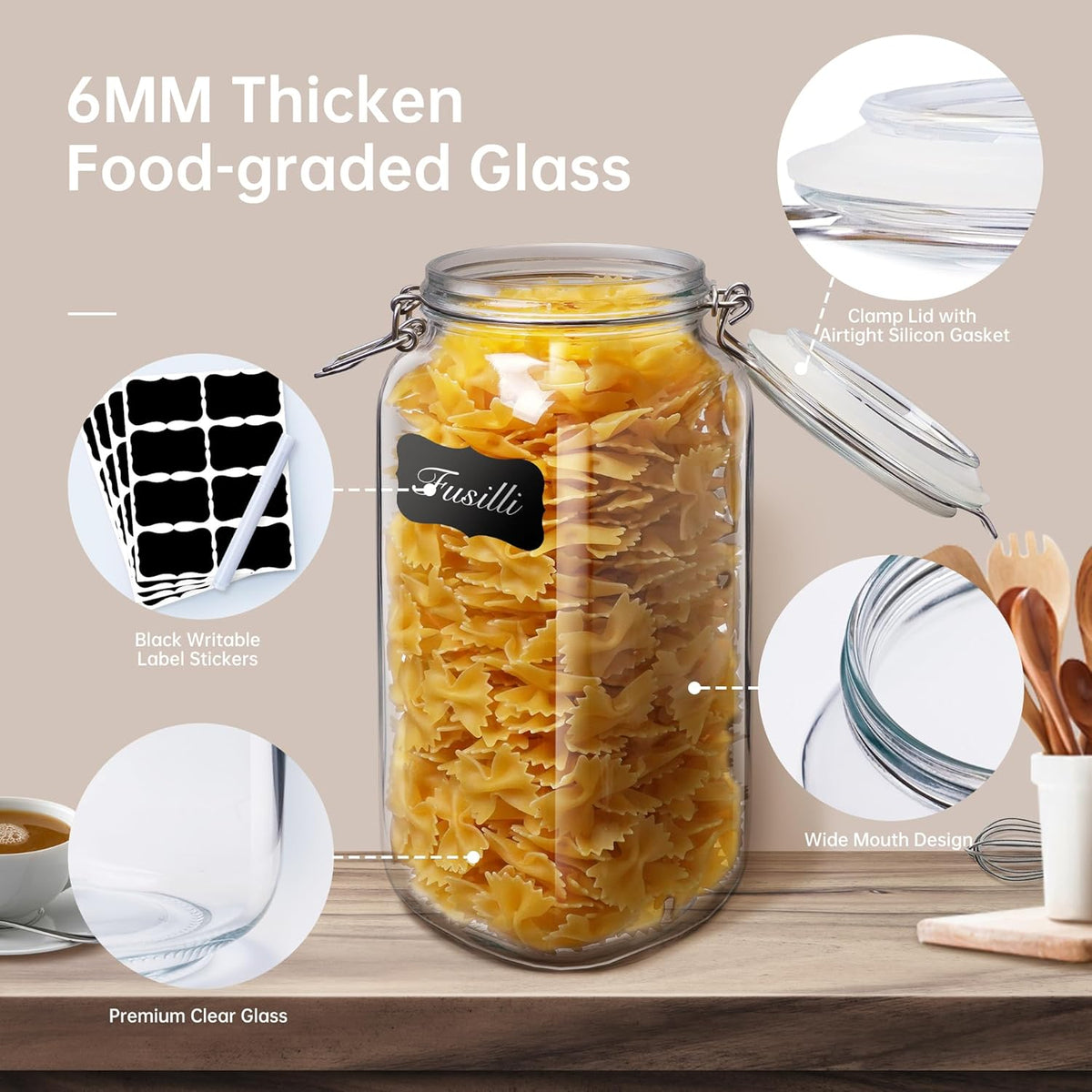 17oz - 6 Pack Square Glass Jars with Airtight Lid, Wide Mouth Mason Jars with Clamp Lids, Air Tight Glass Canisters, Best Food Storage Containers for Cereal, Pasta, Rice, Sugar, Coffee, Spice