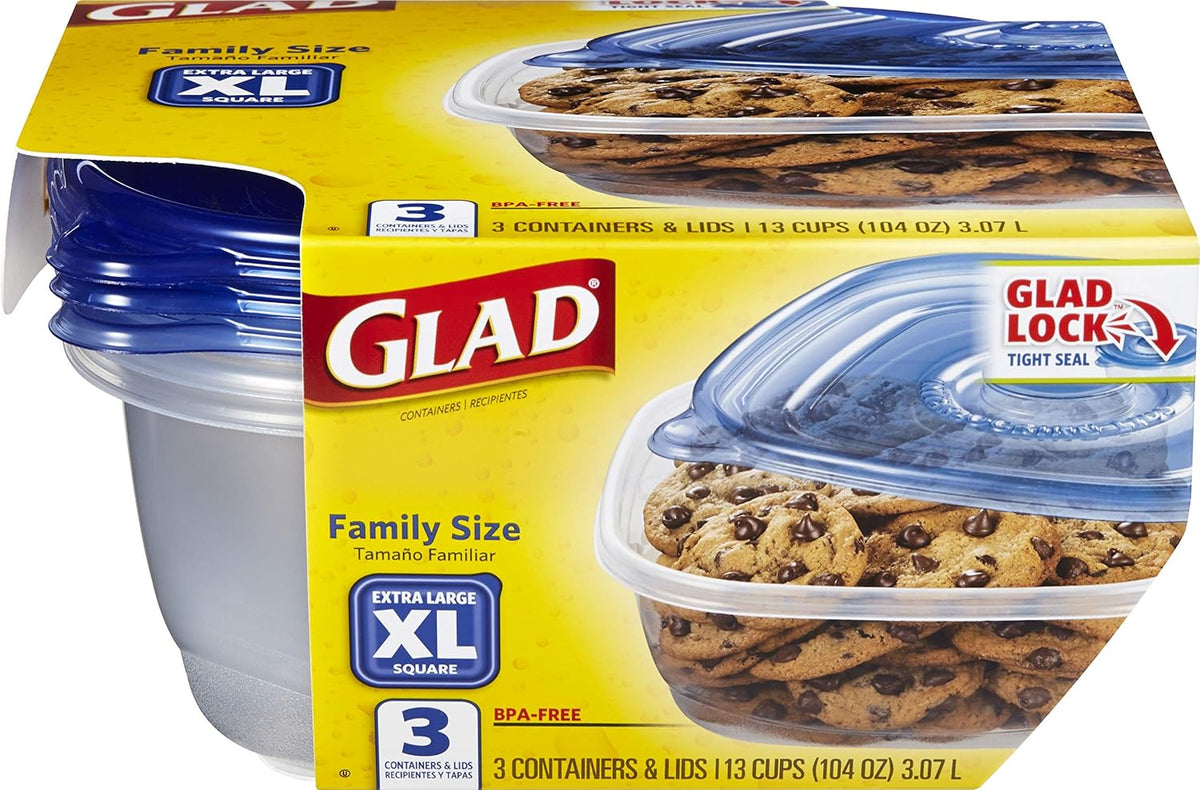 Glad Family Size Food Storage Containers, XL Square (104 Oz) - 3 Count, Standard