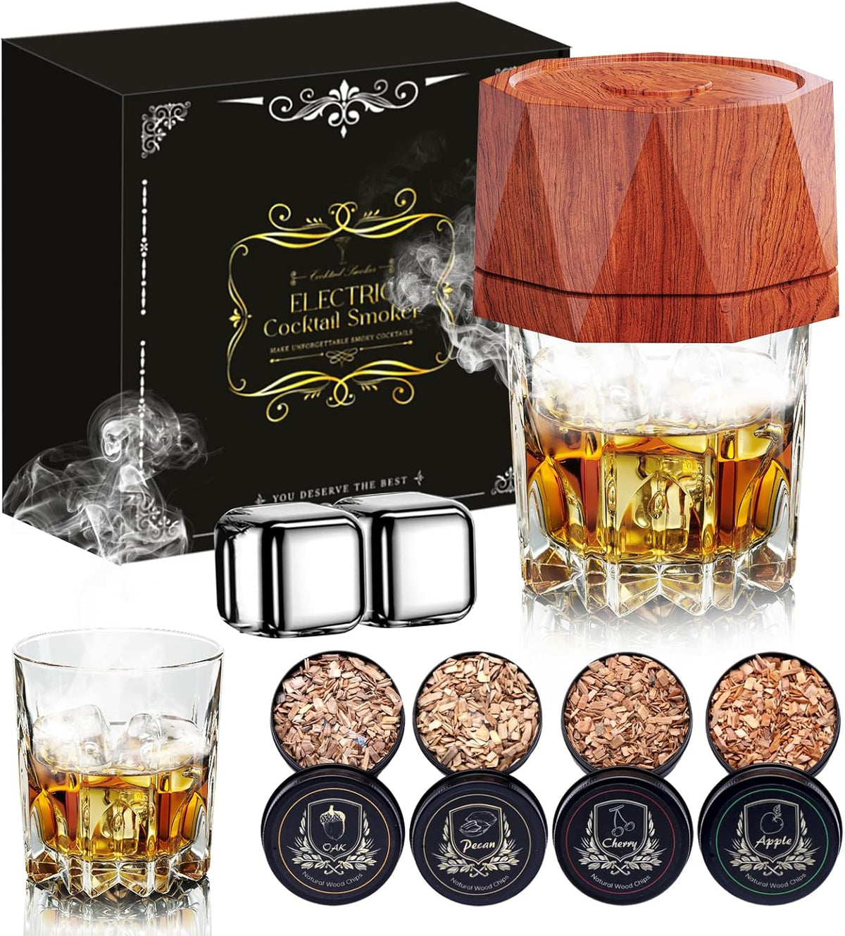 Electric Whiskey Smoker Kit with 4 Wood Chips,2 Whisky Stones,Cocktail Smoker Kit Built-in Lighter, No Butane Needed,Old Fashioned Drink Smoker Kit, Bourbon Whiskey Gifts for Men,Dad,Husband