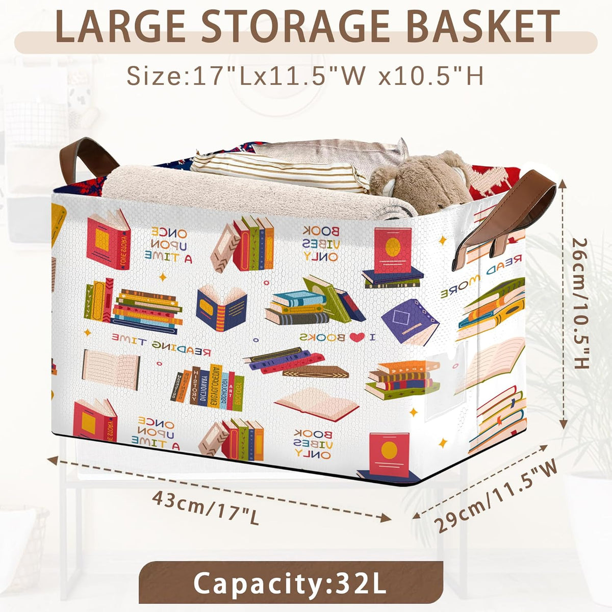Book Lover Storage Basket Large 17x11.5x10.5 Inche-Collapsible Fabric Organizer Bin with Handles for Library, Reading Nook, Office-Foldable Decorative Hamper with Classic Book Spine Design-Single Pack