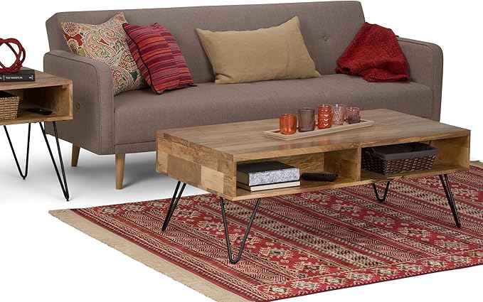 SIMPLIHOME Hunter Lift Top Coffee Table - 48 inch Wide Solid Mango Wood and Metal Industrial Cocktail Table in Natural, Functional Living Room Table with 2 Storage Cubbies and Hairpin Legs