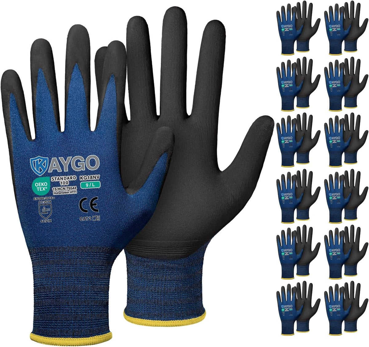 KAYGO Safety Work Gloves MicroFoam Nitrile Coated-12 Pairs, KG18NB,Seamless Knit Nylon Glove with Black Micro-Foam Nitrile Grip,Ideal for General Purpose,Automotive,Home Improvement, Dark Blue, L
