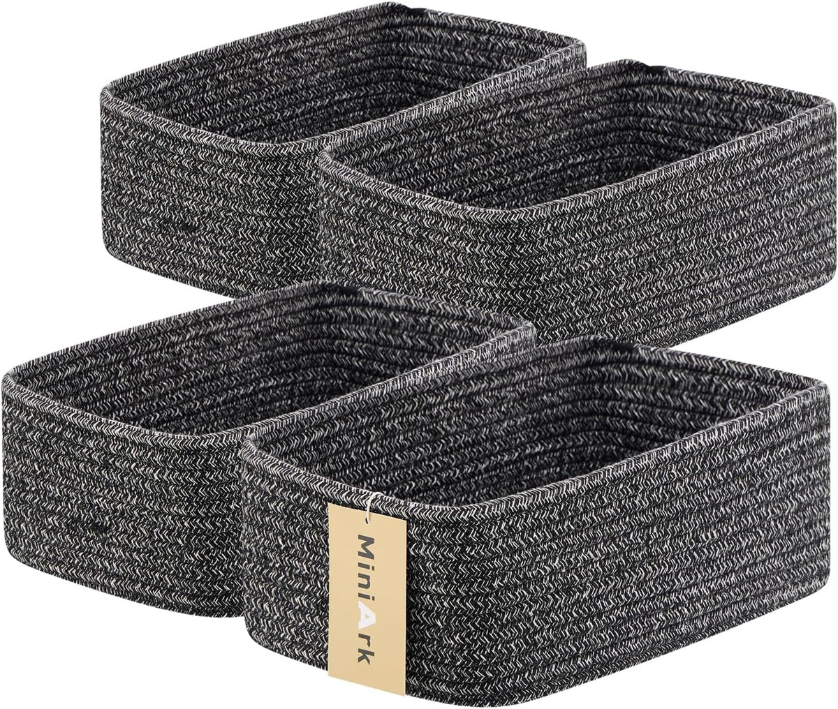 Small Storage Baskets for Organizing | Closet Organizer Bins | Shelf Toy Basket | Woven Rope Baskets | Cube Decorative Box | Shallow Basket | 11.5x7.5x4.7” | 4 Packs Dark Gray